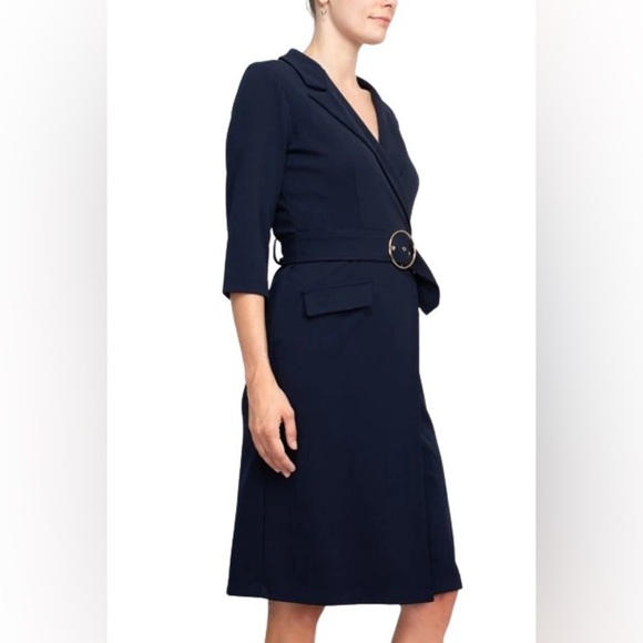 NWT Sharagano Notched Collar 3/4 Sleeve Solid Belted Stretch Crepe Dress Navy - Picture 12 of 13